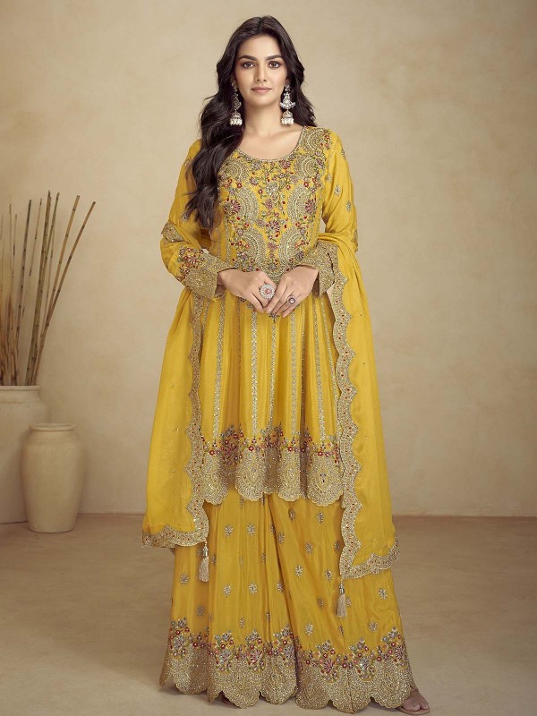 Mustard Real Chinon Party Wear Sharara Suit